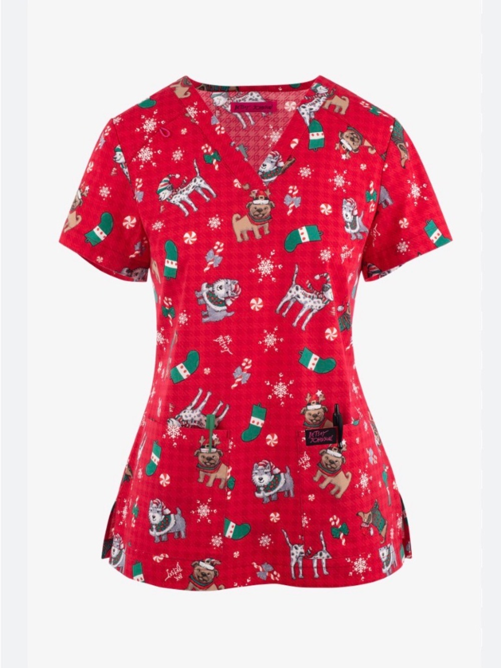 Betsey Johnson Plaid Christmas Dogs Scrub top
